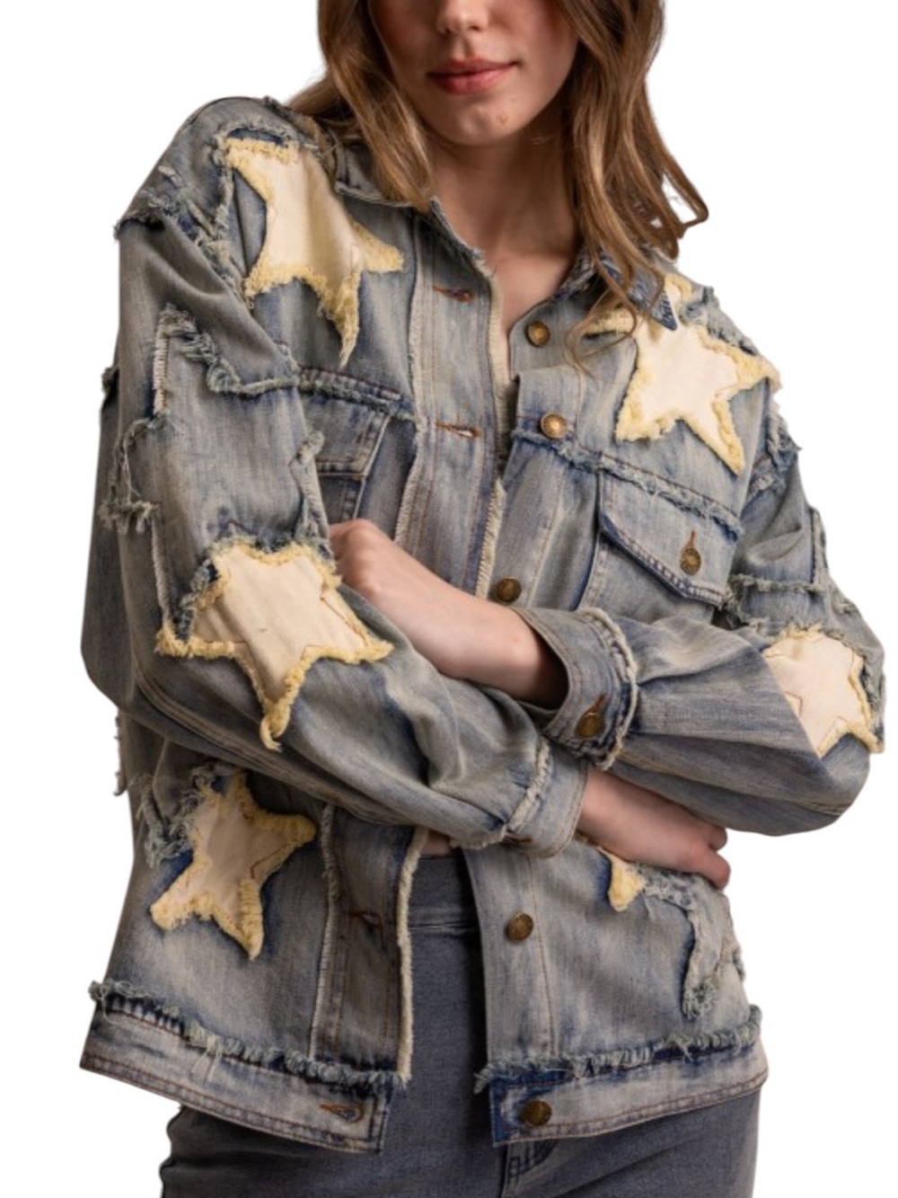 Denim Star Appliqué Jean Jacket - Light Blue